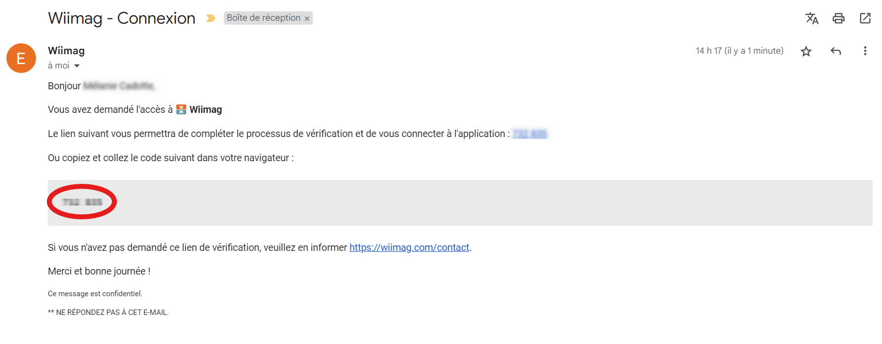 Courriel de connexion reçu.