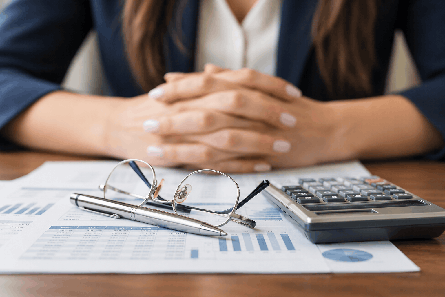 Payroll analysis documents, glasses, and a calculator on a desk.
